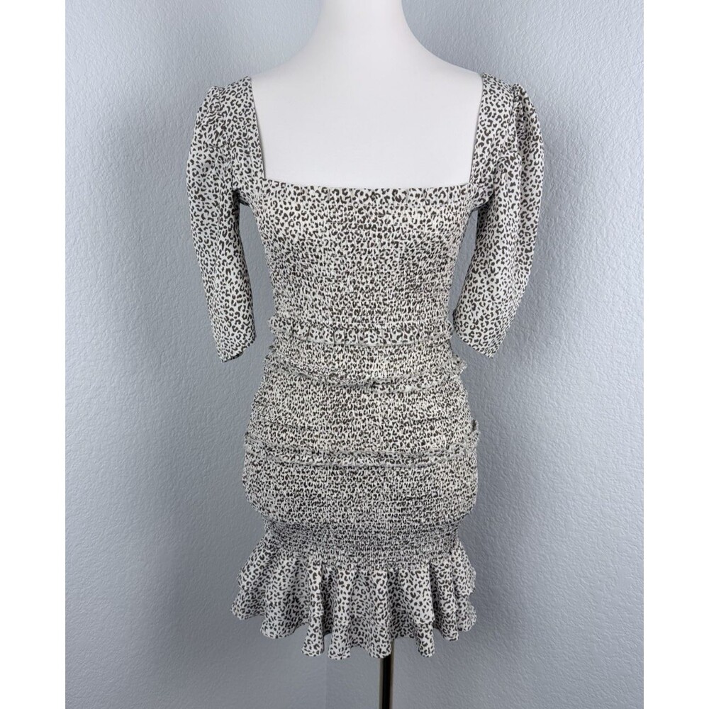HYFVE Women s Beige Dress Leopard Print Smocked Bodice 3/4 Sleeve Small